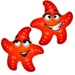 Set of funny laughing starfish isolated on white background. Vector cartoon close-up illustration.