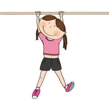 Happy girl hanging on a horizontal bar or a monkey bar in the gym or on the playground - original hand drawn illustration