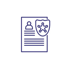 Police badge with document line icon. Warrant, police report, subpoena. Justice concept. Vector illustration can be used for topics like police, legal system, law enforcement