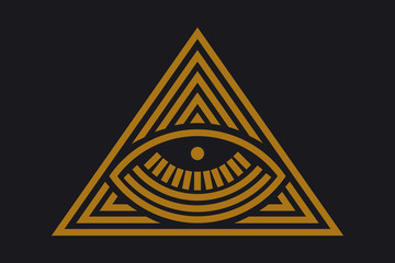 All seeing eye in delta triangle. Pyramid and freemasonry icon, new world order emblem