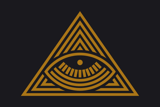 All seeing eye in delta triangle. Pyramid and freemasonry icon, new world order emblem