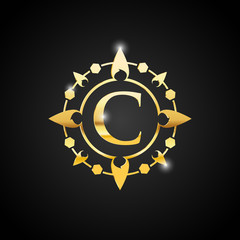 Naklejka premium Luxury C letter and gold logo. Vector letter emblem C for Antique, Restaurant, Cafe, Boutique, Hotel, Heraldic, Jewelry