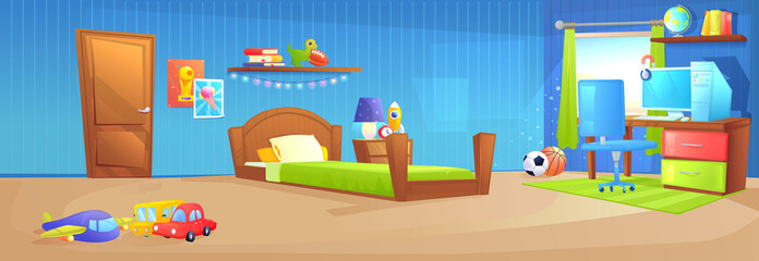 Kid boy room interior design banner. With bed, school board, book and toys. 