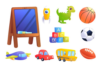 Kids Toys set. A car, bus, airplane, dinosaur, cubes with alphabet letters, sports ball for children game. 