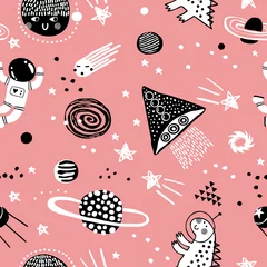 Foto op Plexiglas Kosmos Baby naadloos patroon met planeten, sterren en ruimteschip. Hand getekende overlappende achtergrond voor uw ontwerp. Vector kinderachtig patroon voor stof, textiel, kinderkamer behang.