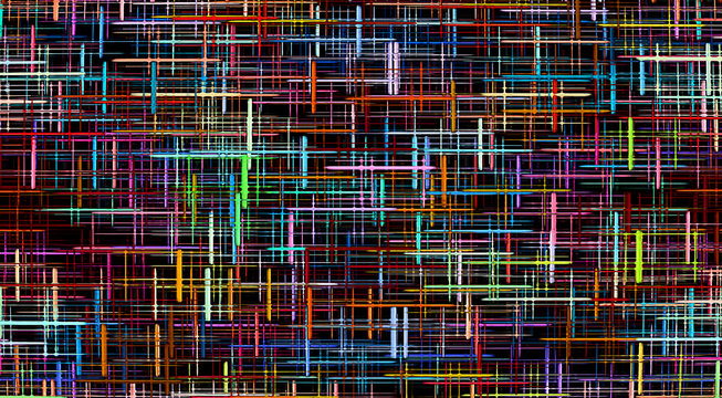 Multicolored grid and checkered pattern on black as abstract wallpaper.