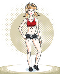 Young beautiful blonde sporty woman standing. Vector character wearing shorts. Sport and fitness theme.