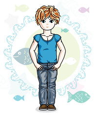Happy little red-haired girl posing on marine background with fishes and wearing fashionable casual clothes. Vector character.