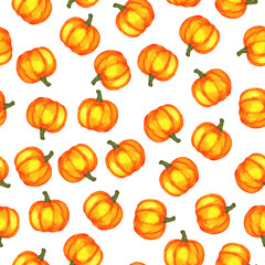 Seamless pattern with bright orange pumpkins on white background. Hand drawn watercolor illustration.