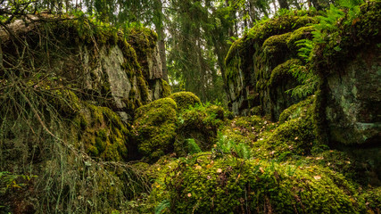 Hautvuori, southern Finland. A natural rock formation that was used as a hideout and defensive position against enemies at the time Iron Age.