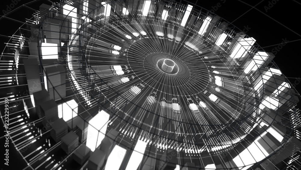 Poster 3d asbtract technology background. circular structure with bright elements and lines. centered compo
