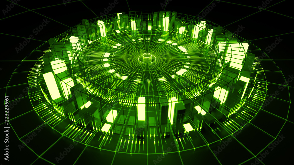 Poster 3d asbtract technology background. circular structure with bright elements and lines. centered compo