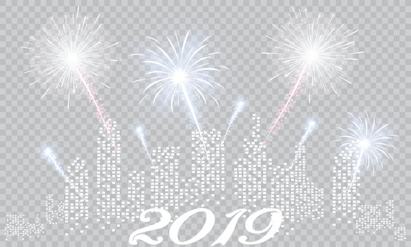 Festive patterned fireworks bursting in various forms, sparkling pictograms set against a black background Abstract. New Year and birthdays. Vector illustration