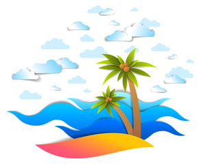 Beach with palms, sea waves perfect seascape, clouds in the sky, summer beach holidays theme paper cut style vector illustration.