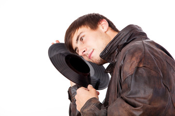 Man with acoustic LPs