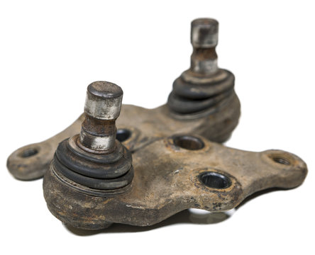 Two Used Rusty Dysfunctional Suspension Ball Joints, Isolated On A White Background