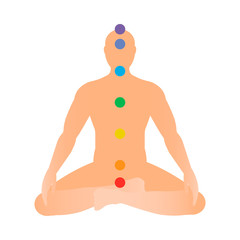 Silhouette of a man in Lotus position with seven colored sacred dots. Vector illustration.