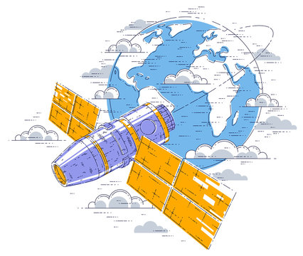 Space station flying orbital flight around earth, spacecraft spaceship iss with solar panels, artificial satellite. Thin line 3d vector illustration.