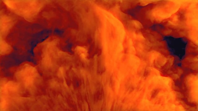 Realistic smoke puff fills the screen in slow motion. Red and orange hell smoke explosion isolated on black background. Contains alpha channel for VFX compositing. 3D animation in 4K UHD
