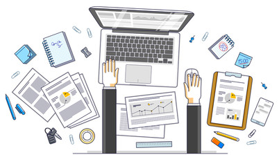 Business analysis, office worker or entrepreneur businessman working on a laptop computer and papers with financial analytics, top view of work desk with stationery and documents and hands. Vector.