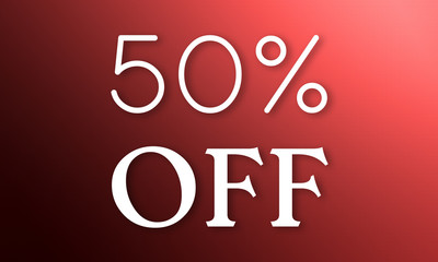 50% Off - white text on red background