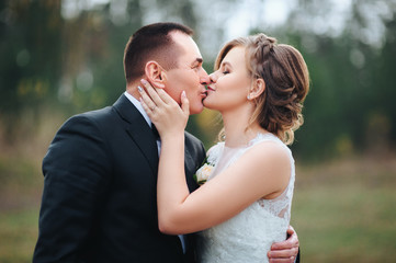 Beautiful and stylish newlyweds are hugging and smiling against the background of a green field and forest. Wedding portrait of an adult groom in a black suit and a cute bride in a gorgeous dress.