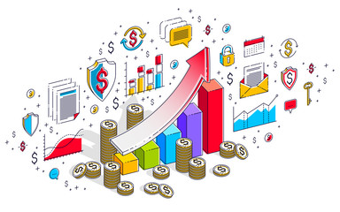 Success and income increase concept, growth chart stats bar with cash money stack isolated on white. Vector 3d isometric business illustration with icons, stats charts and design elements.
