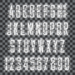 Glowing white neon alphabet with letters from A to Z and digits from 0 to 9 on transparent background. Shining neon effect. Every letter is separate unit with wires, tubes, brackets and holders.