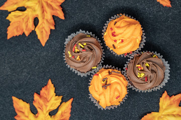 Maple leaves and Halloween Cupcakes on black background