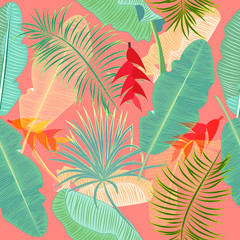 Fototapeta na wymiar Seamless pattern of exotic jungle plant tropical palm leaves, floral vector.