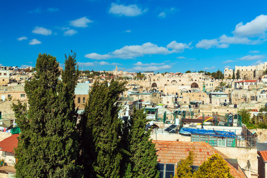Roofs of Old City with ancient wall gates, Jerusalem