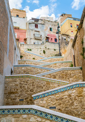 Beautiful ceramic stair in the city of Sciacca. Province of Agrigento, Sicily. - obrazy, fototapety, plakaty