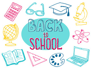 Back to School with hand drawn school supplies. Doodle lettering and school object collection. Sketch icon set. Kids style ink background. Education Concept. Vector illustration. - 223239914