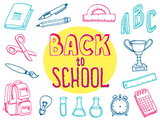 Back to school doodle elements. Lettering and school supplies collection. Sketch icon set. Vector illustration. - 223239929