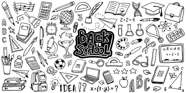 Back to School with hand drawn school supplies - big set. Doodle lettering and school object collection. Sketch icon. Kids style ink background. Education Concept. Vector illustration.