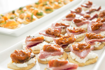 Seafood and smoked meat cocktail, cheese for lunch. Salmon and smoked meat canapes