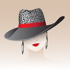 Woman in cowboy hat with leopard print and red ribbon. Red lips chic. Ears jewellery. Fashion illustration. Vector EPS 10.
