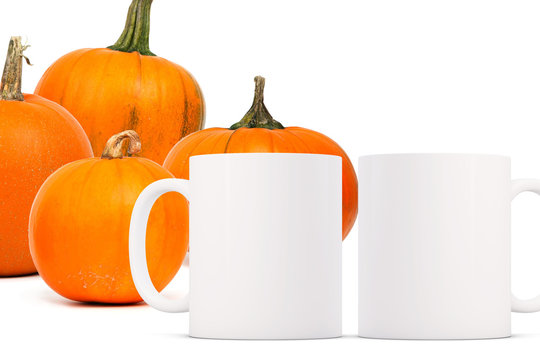2 white blank coffee mugs Autumnal theme mock up. Perfect for businesses selling mugs, just overlay your quote or design on to the image.