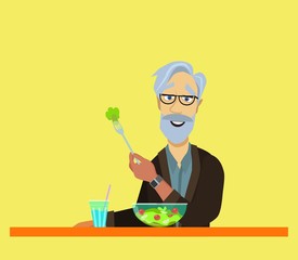 elderly man eating. He is sitting Eat fish steak on the table, apple and glass. Healthy food concept for the elderly. Vector illustration