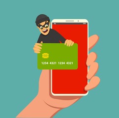 Computer hacker character stealing money online. Vector illustration