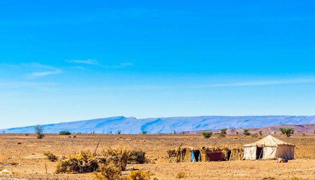 Bedouin tent in the Sahara desert of Morocco next to M'hamid