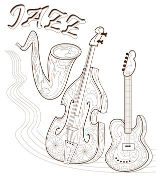 Black and white page for coloring. Set of musical instruments. Poster for print. Advertising of Jazz concert. Worksheet for children and adults. Vector image.