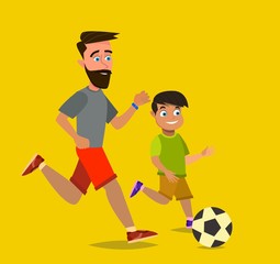 Little boy and his father playing football on playground. Vector illustration