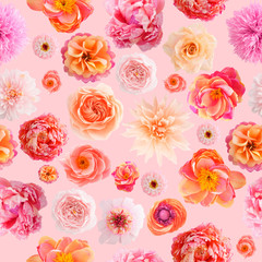 Seamless pattern with handmade crepe paper flowers on pink colored background