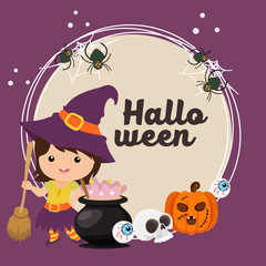 cute halloween card with witch kids
