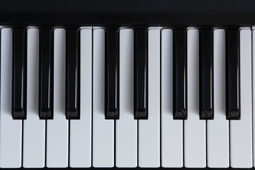 Close up of piano keyboard. Black and white keys.
