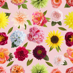 Seamless pattern with handmade crepe paper flowers on pink colored background