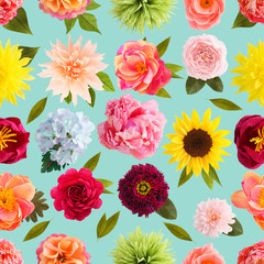 Seamless pattern with handmade crepe paper flowers on turquoise background