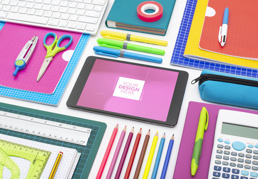 Tablet with School Supplies Mockup