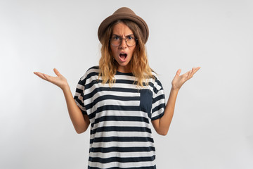 complaining and very unhappy woman isolated over white background